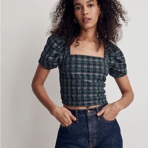 Hopewell Puff Sleeve Crop Top in Plaid Size XS NWT